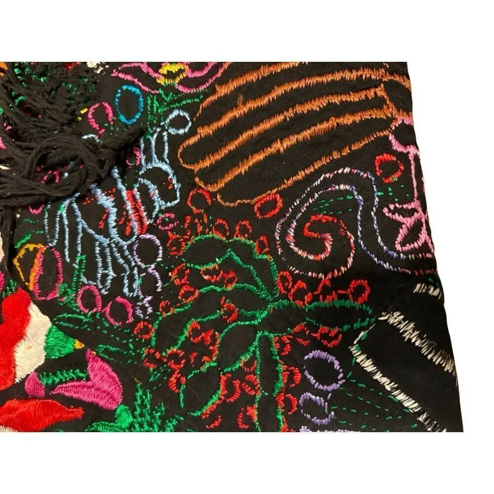 Rare Mexican Traditional Colorful Embroidered Yarn Table Runner 24” x 70”